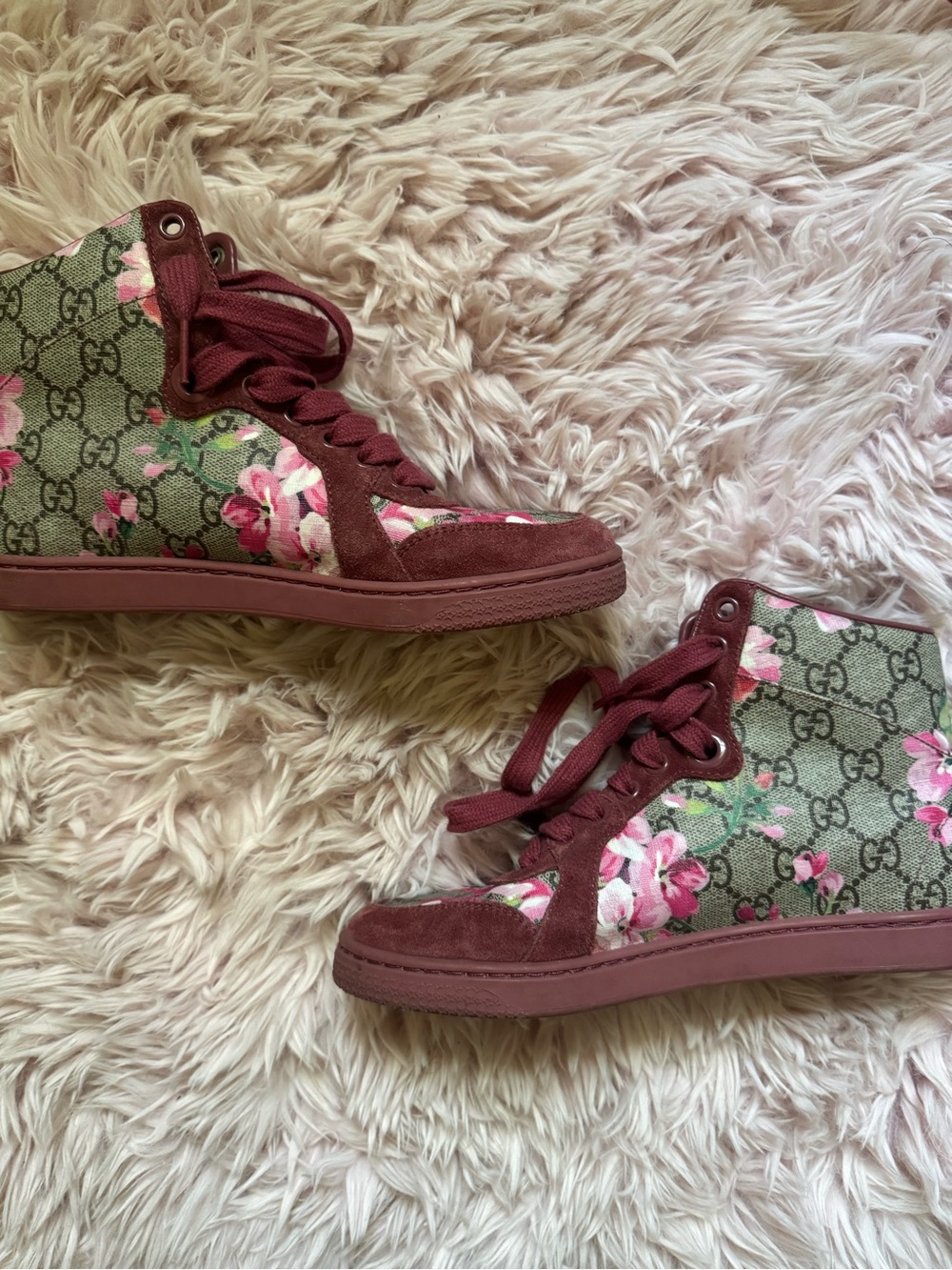 Gucci High-Top GG Floral Sneakers in Burgundy and Pink